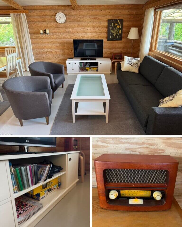 Sohva ja kolme nojatuolia. Tv, radio, cd-soitin, lautapelejä ja lasten filmejä.